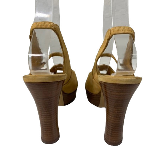 DELMAN Tan Leather Peep-Toe Platform‎ Heel Slingback Sandals - Picture 7 of 13